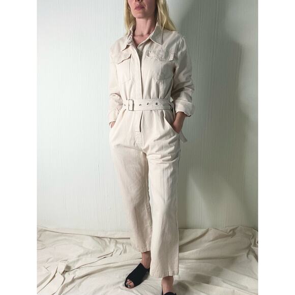 FARROW Ecru Cream Long Sleeve Twill Belted Long Sleeve Cotton Jumpsuit US SMALL - Picture 2 of 16